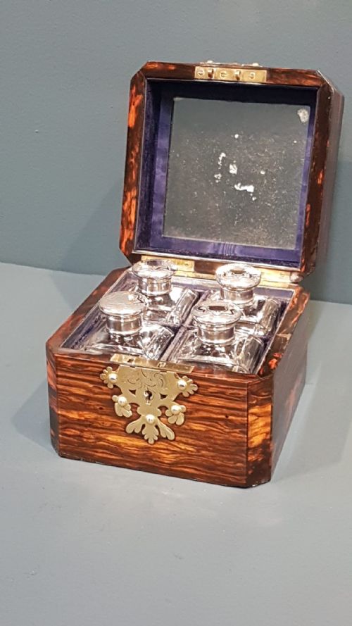 Victorian Coromandel Scent Box with Silver Top Bottles