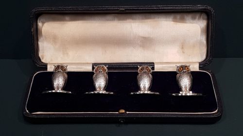 Set of Four Sampson Mordan Silver Owl Menu Holders