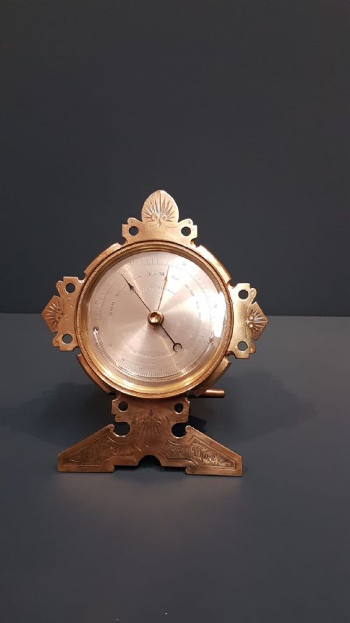 Victorian Desktop Brass Stand Barometer and Crescent Thermometer