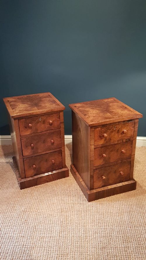Matching Pair of Victorian Burr Walnut Bedside Chests