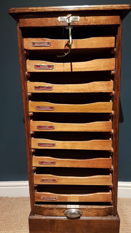 Edwardian Oak Tambour Front File Cabinet