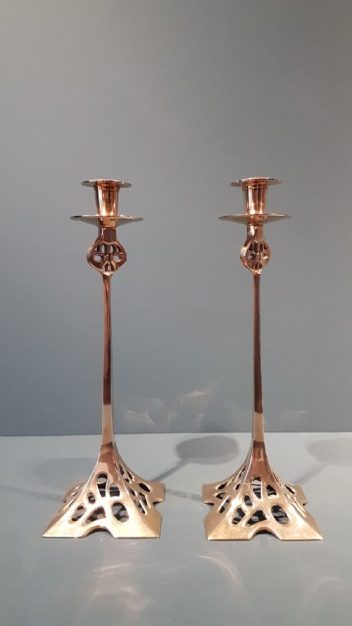 Matching Pair of Art Nouveau Brass Candlesticks