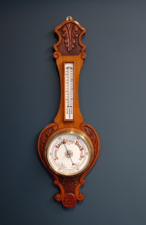 Art Nouveau Period Golden Oak Banjo Barometer