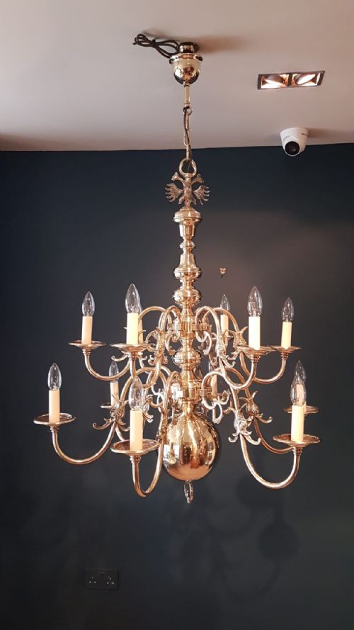 Edwardian Polished Brass Two Tier Chandelier