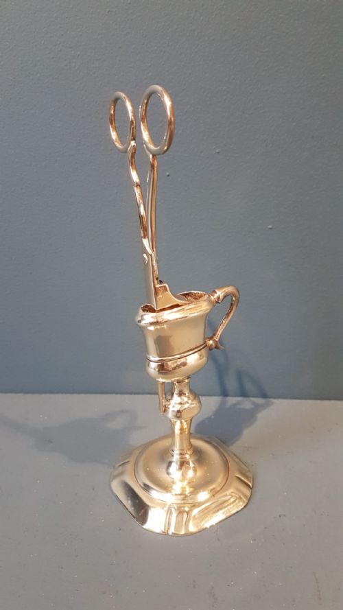 Rare George III Brass Candle Snuffers and Petal Base Stand