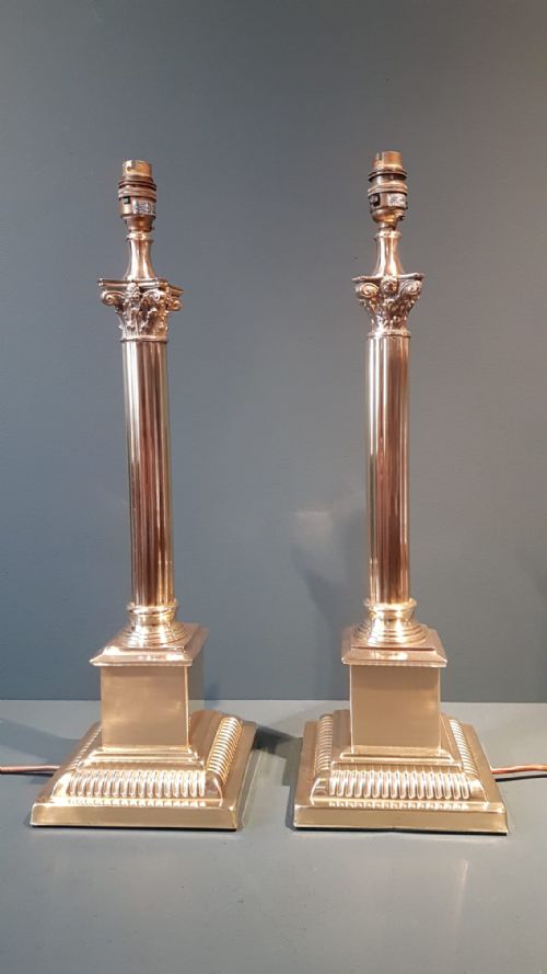 Matching Pair of Brass Corinthian Column Lamps