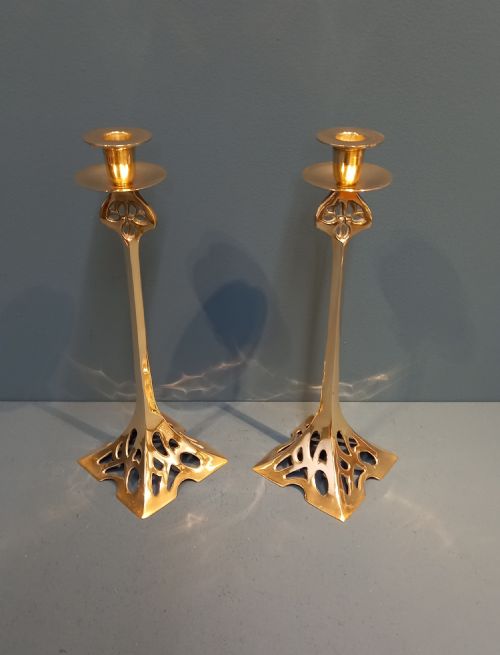 Pair of Art Nouveau Cast Brass Candlesticks