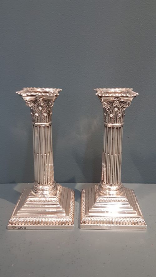 Pair of Victorian Silver Corinthian Column Candlesticks