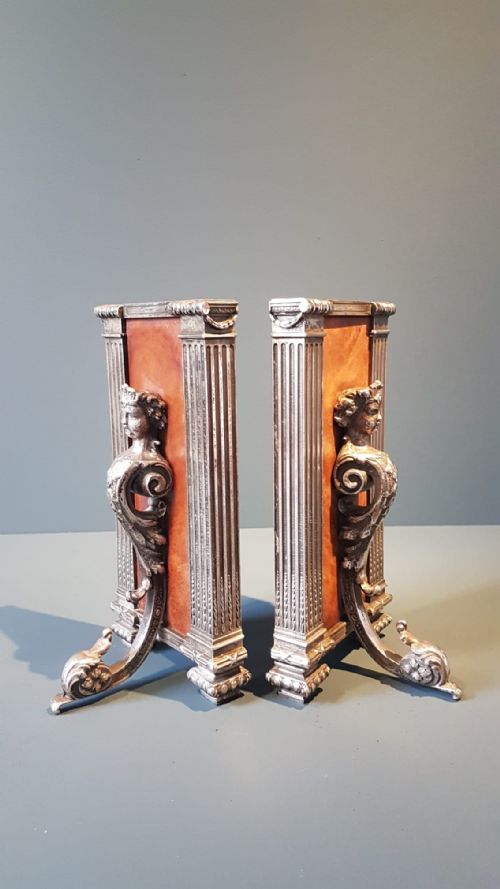 Matching Pair of Silver Plate and Leather Book Ends
