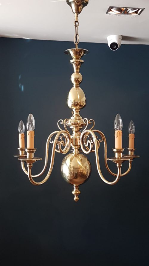 Edwardian 5 Arm Brass Chandelier