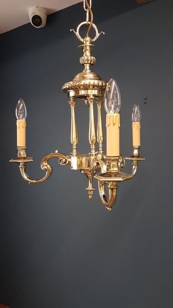 Small Edwardian Cast Brass 3 Arm Chandelier