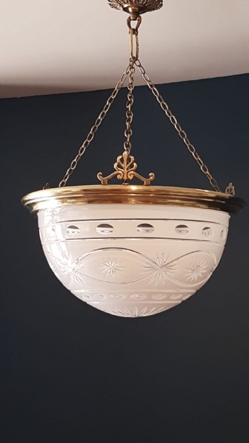 Edwardian Cut Glass and Brass Plafonnier Pendant Light