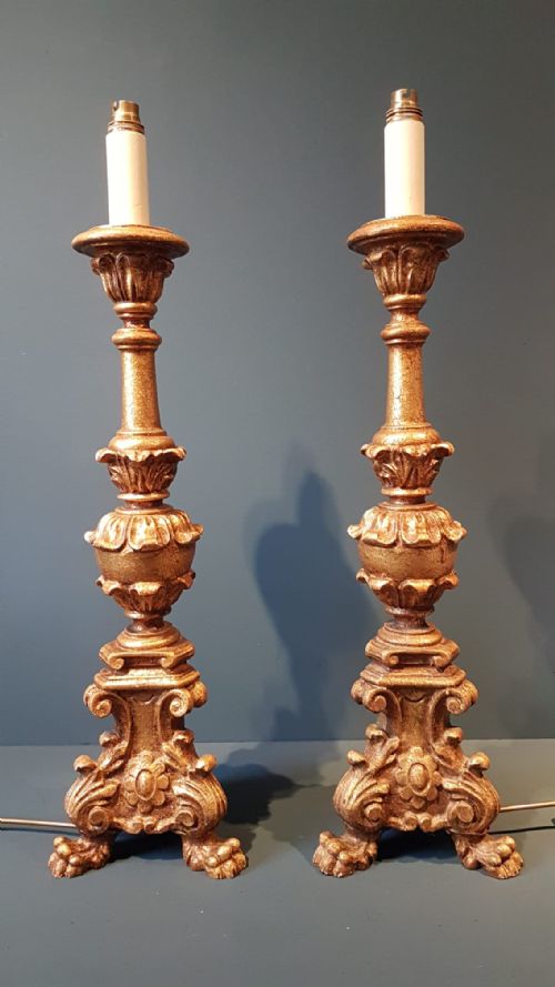 Pair of Large Edwardian Timber Gilt Table Lamps