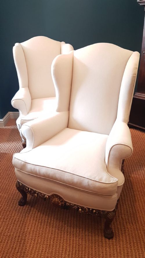 Matching Pair of Edwardian Wing Back Arm Chairs