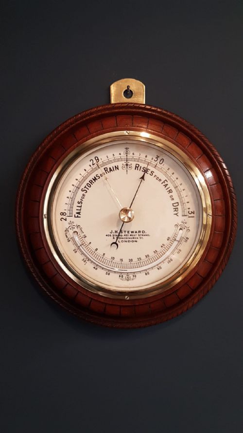Victorian Walnut Barometer with Crescent Thermometer by Steward
