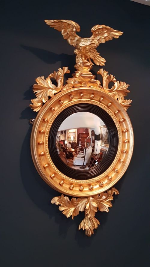 Regency Gilt Convex Mirror with Original Pediment
