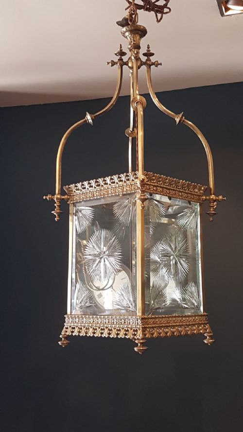 Victorian Hall Lantern with Original Cut Glass Panels