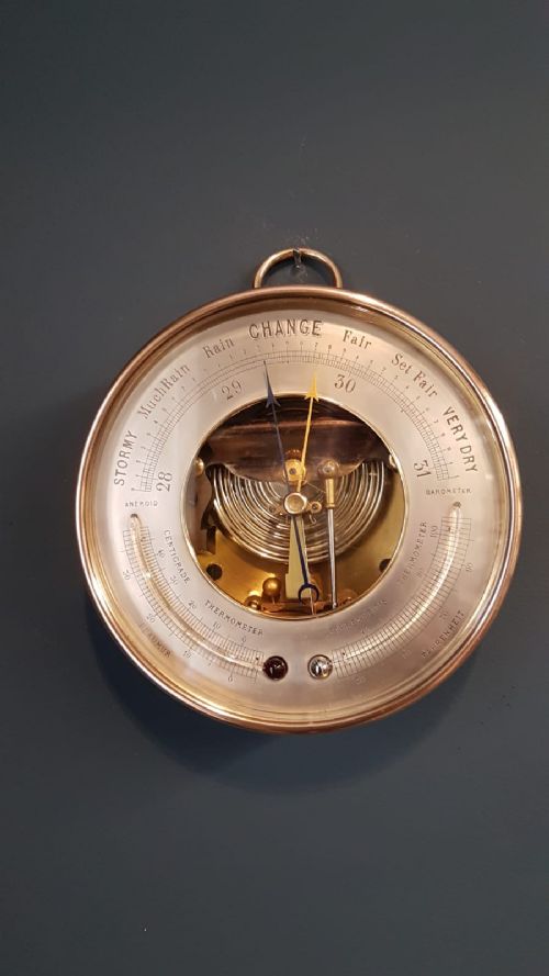 Victorian Bronzed Cased Marine Barometer with Twin Crescent Thermometers