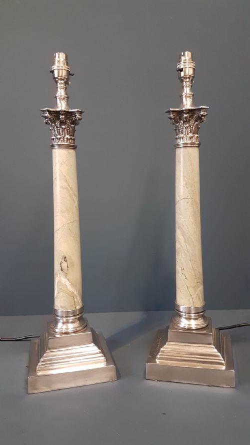 Pair of 1920'S Marble Column Table Lamps