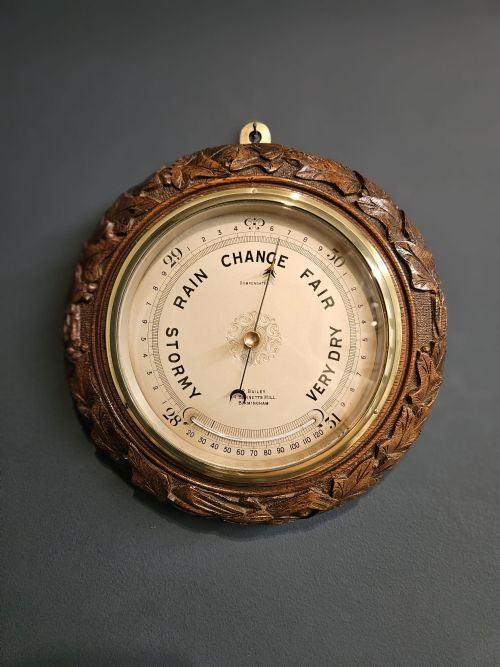 Carved Oak Ships Barometer with Crescent Thermometer