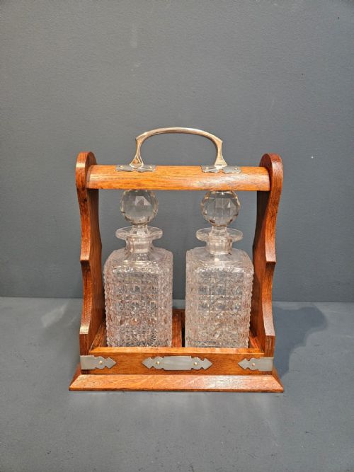 Victorian Oak & Silver Plated Two Bottle Tantalus