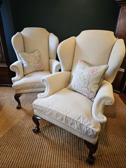 matching pair of wing back arm chairs - CATEGORY: ANTIQUE CHAIRS - DATED EDWARDIAN
