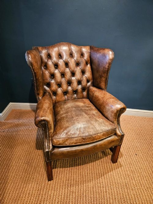 Superb 1920'S Brown Hide Wing Back Arm Chair