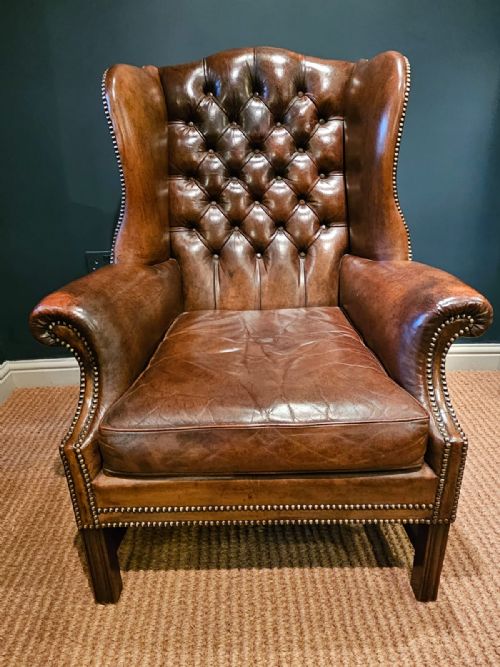 Superb 1920'S Brown Leather Wing Arm Chair