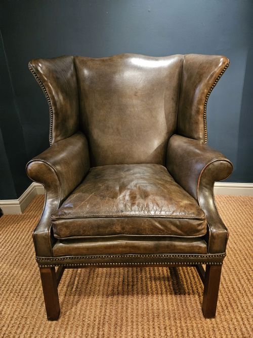 Superb Edwardian Olive Green Leather Wing Back Arm Chair