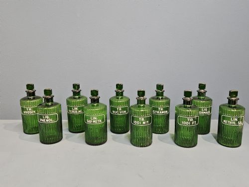 Set of 10 Edwardian Green Glass Apothecary Bottles