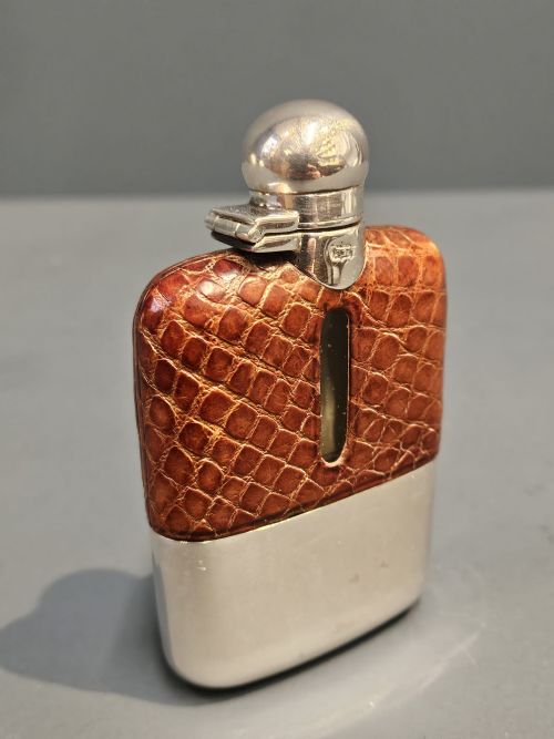Small Victorian Silver Plated and Crocodile Skin Hip Flask