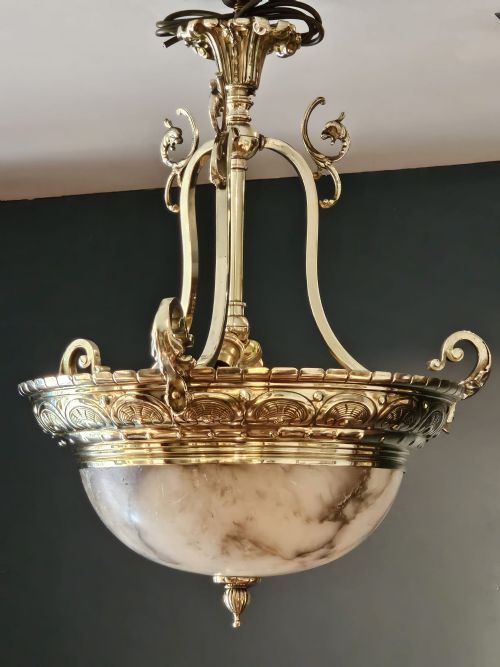 Outstanding Quality Edwardian Alabaster and Brass Chandelier