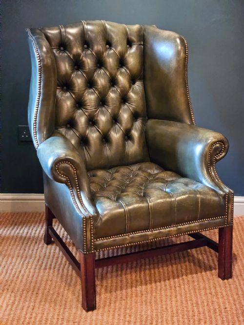 Green Leather Chesterfield Wing Back Arm Chair