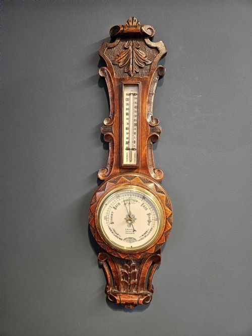 Small Victorian Carved Oak Banjo Barometer