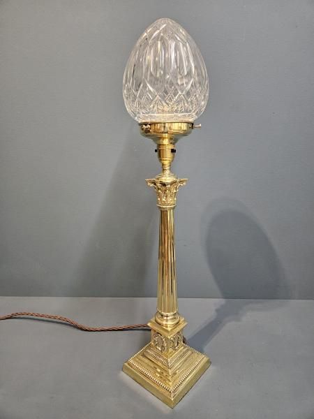 Edwardian Reeded Column Lamp and Crystal Shade