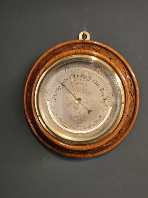 Victorian Silvered Dial Barometer with Crescent Thermometer
