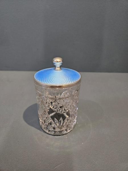 Silver and Blue Engine Turned Enamel Table Jar