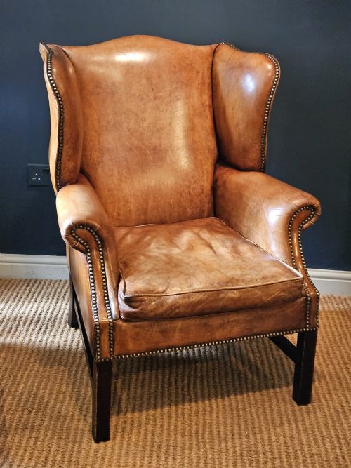 1920'S Tan Leather Wing Back Arm Chair