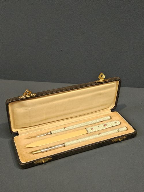 Silver and Enamel Pen, Letter Opener and Pencil Set