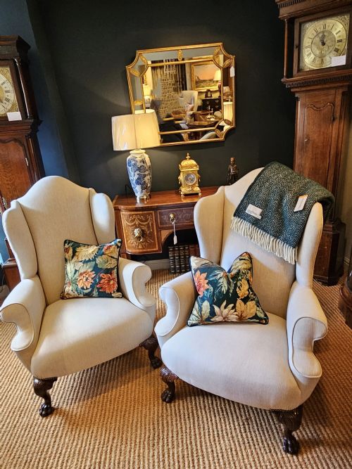 Pair of Victorian Linen Covered Wing Arm Chairs
