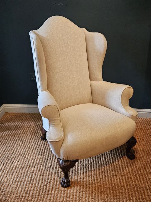 Victorian Linen Covered Wing Arm Chair