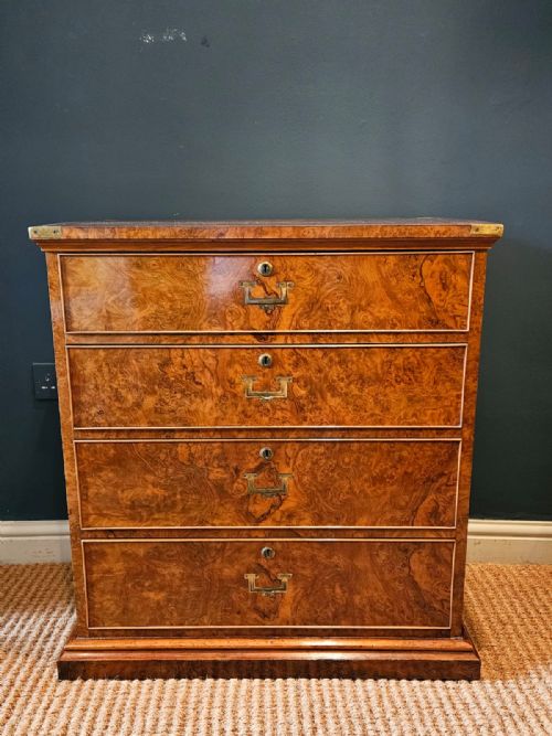 Victorian Edwards and Roberts Shallow Proportioned Burr Walnut Campaign Style Chest