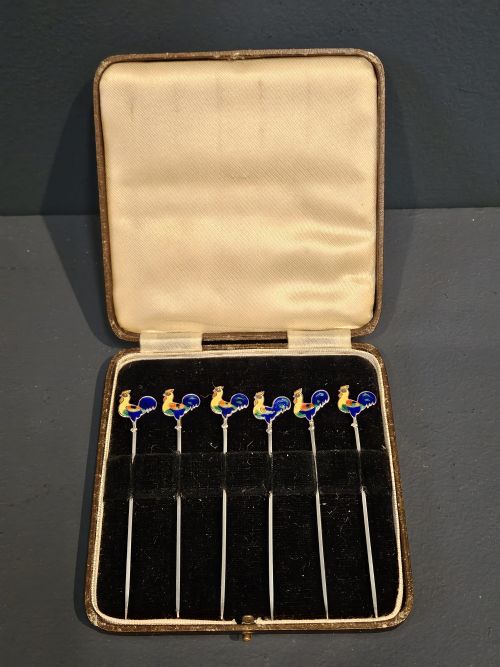 Silver and Enamel Cockerel Cocktail Sticks