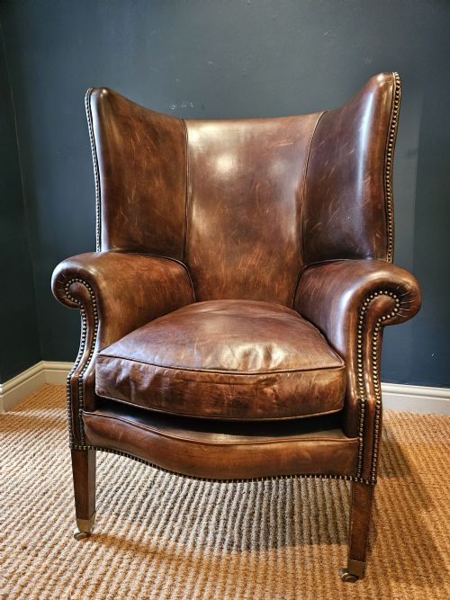 1930'S Brown Leather Wing Back Arm Chair