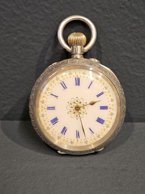 Victorian Silver Fob Watch with Enamel Dial