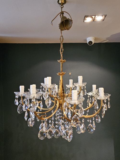 1920'S Gilt Brass and Crystal 12 Arm Chandelier