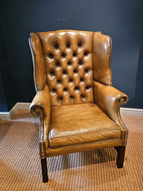 1930'S Button Back Leather Wing Arm Chair