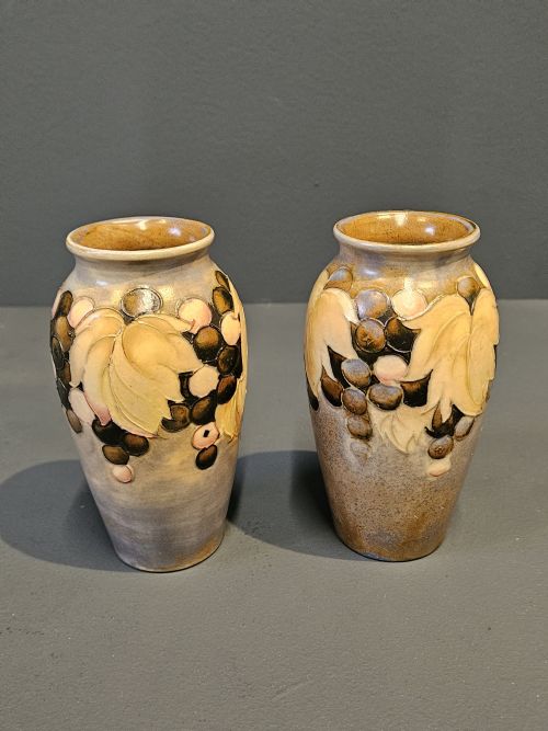 Matching Pair of Early Moorcroft Leaf and Berries Salt Glazed Vases