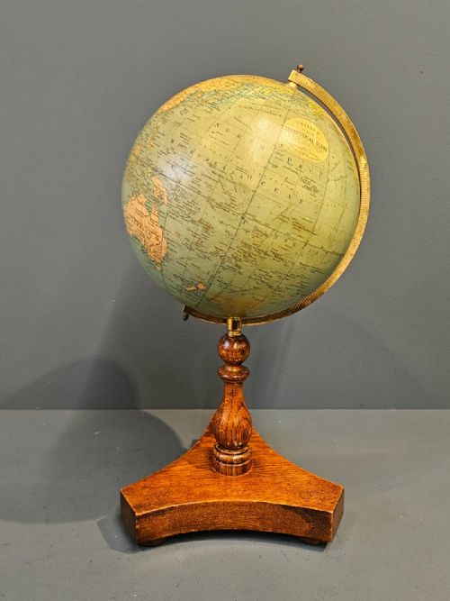 Superb 1930'S 9" Plaster Library Globe on Oak Tripod Foot