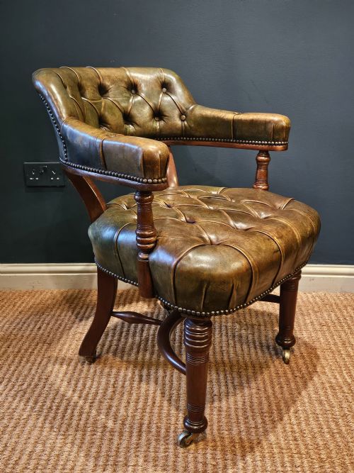 Victorian Deep Button Green Leather Desk Chair